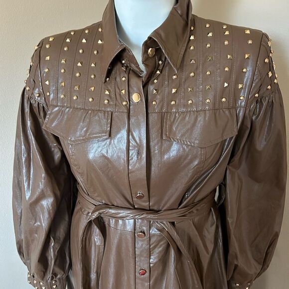 NWT Faux Leather Brown Studded Dress -Size 14 - Picture 2 of 13